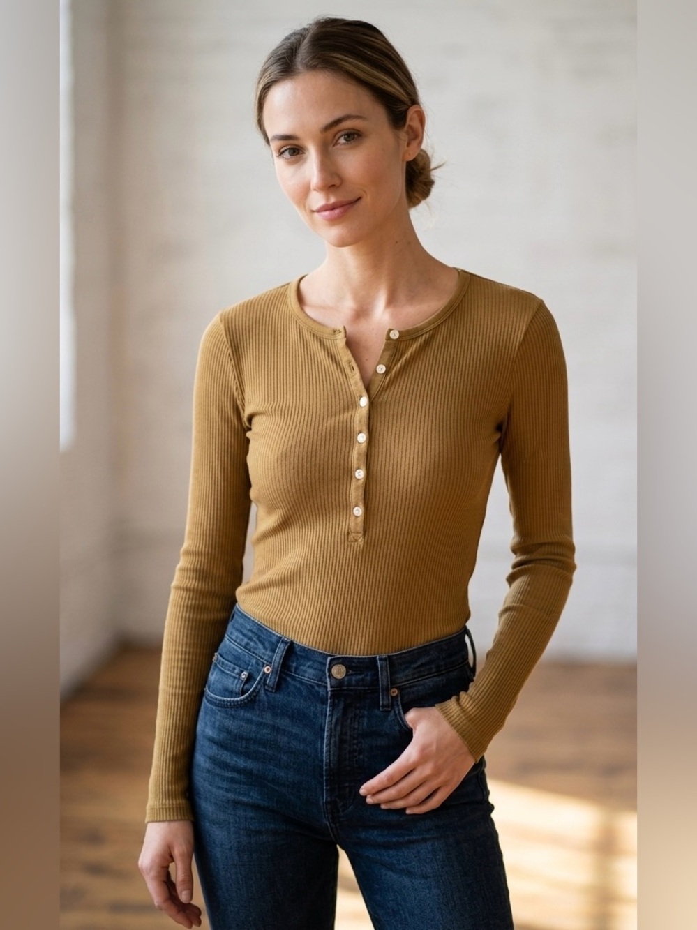 Rag & Bone Ribbed Knit Henley Long Sleeve Top Mustard Yellow Gold XS